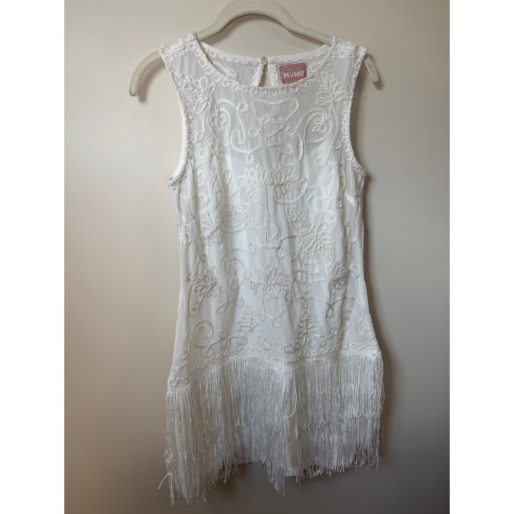 Show Me Your Mumu White Embroidered Fringe Mini Dress Sleeveless Flapper Bridal - Picture 4 of 5